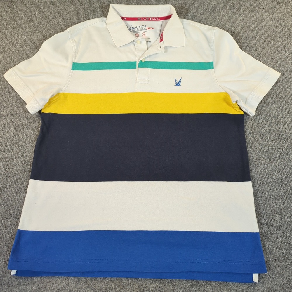 Nautica Blue Sail Tech Mens Large Striped Polo Shirt White Blue Wicking #2561